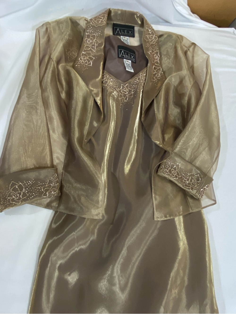 Alex Evenings 2pc Formal Maxi 16 sleeveless w jacket Gold Bronze shimmer Beaded